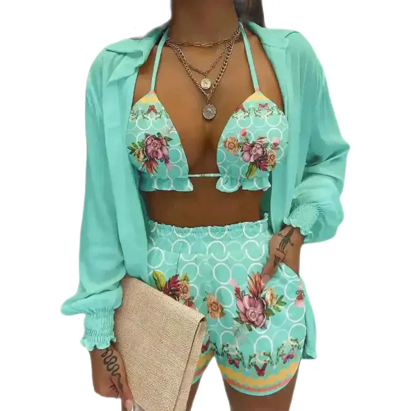 Multicolor Three-Piece Suit Long-Sleeved Top Spring Shorts