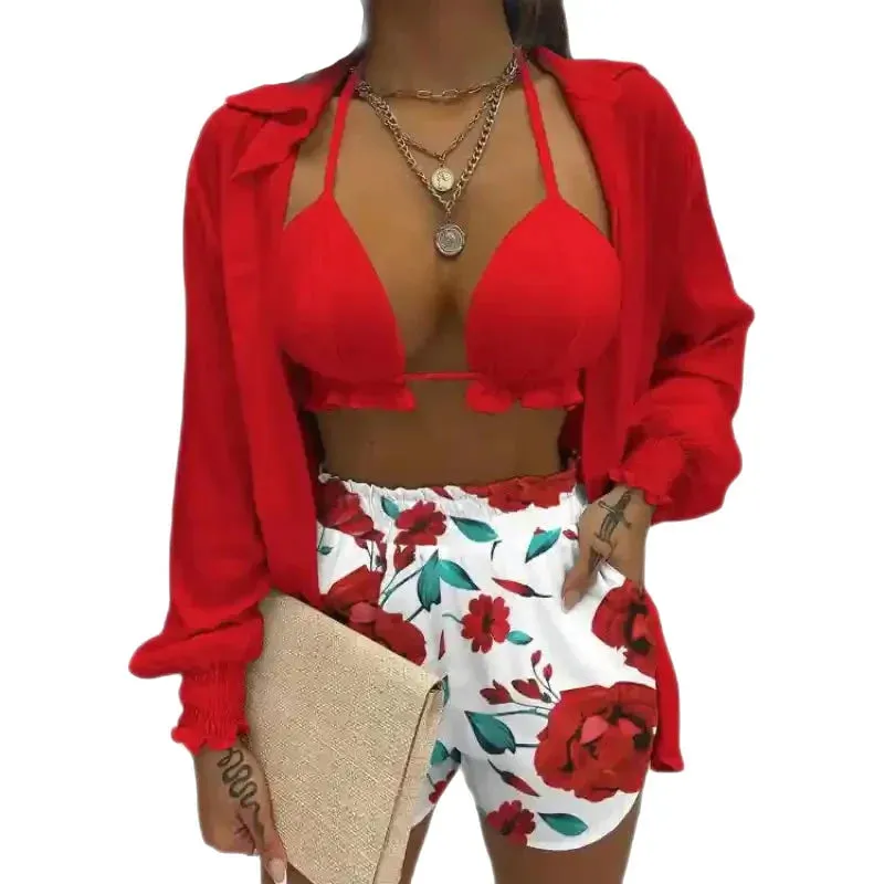 Multicolor Three-Piece Suit Long-Sleeved Top Spring Shorts