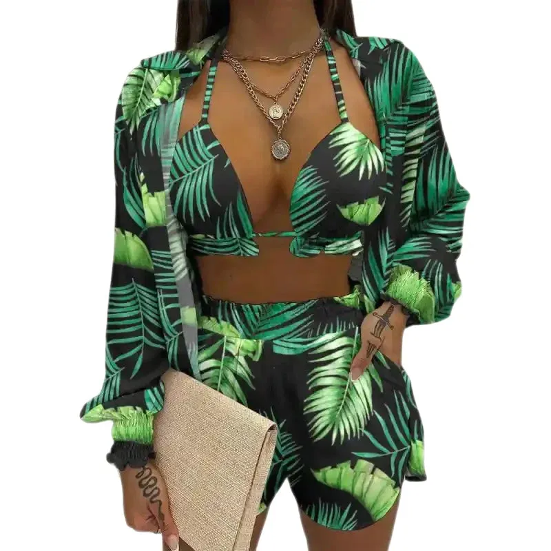 Multicolor Three-Piece Suit Long-Sleeved Top Spring Shorts