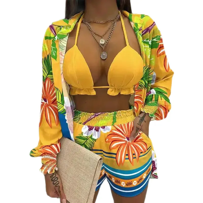 Multicolor Three-Piece Suit Long-Sleeved Top Spring Shorts