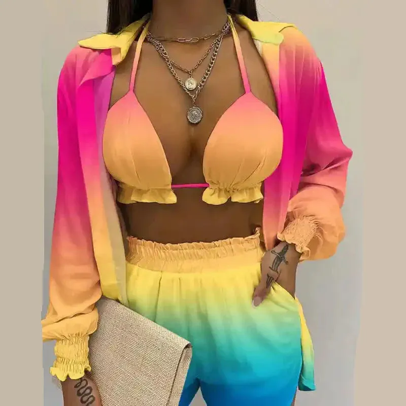 Multicolor Three-Piece Suit Long-Sleeved Top Spring Shorts