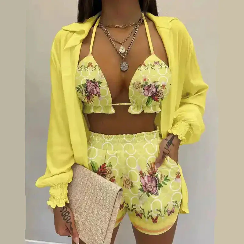 Multicolor Three-Piece Suit Long-Sleeved Top Spring Shorts