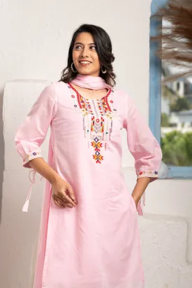 Multicolour Thread Yoke Embroidered Pink