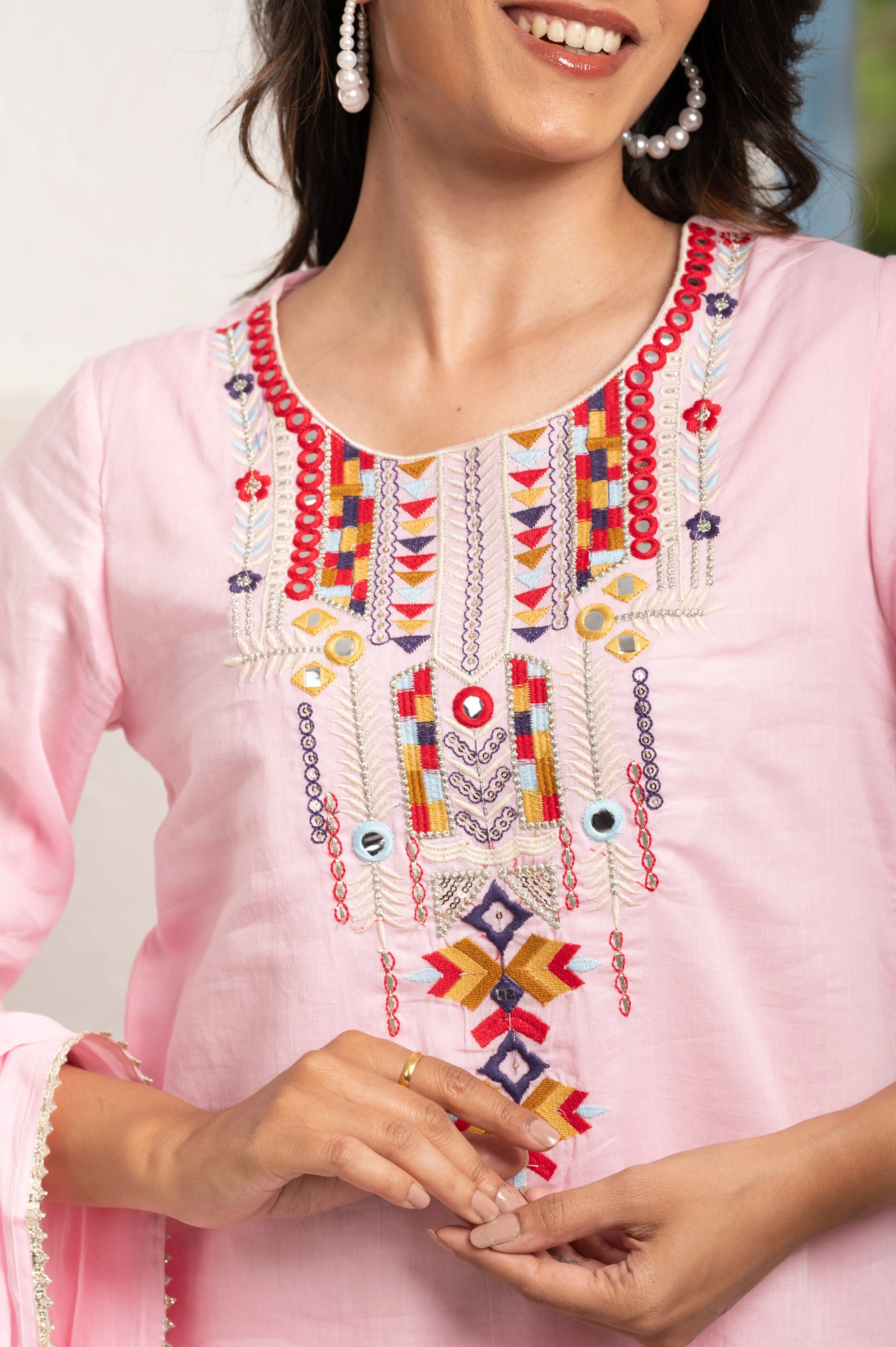 Multicolour Thread Yoke Embroidered Pink