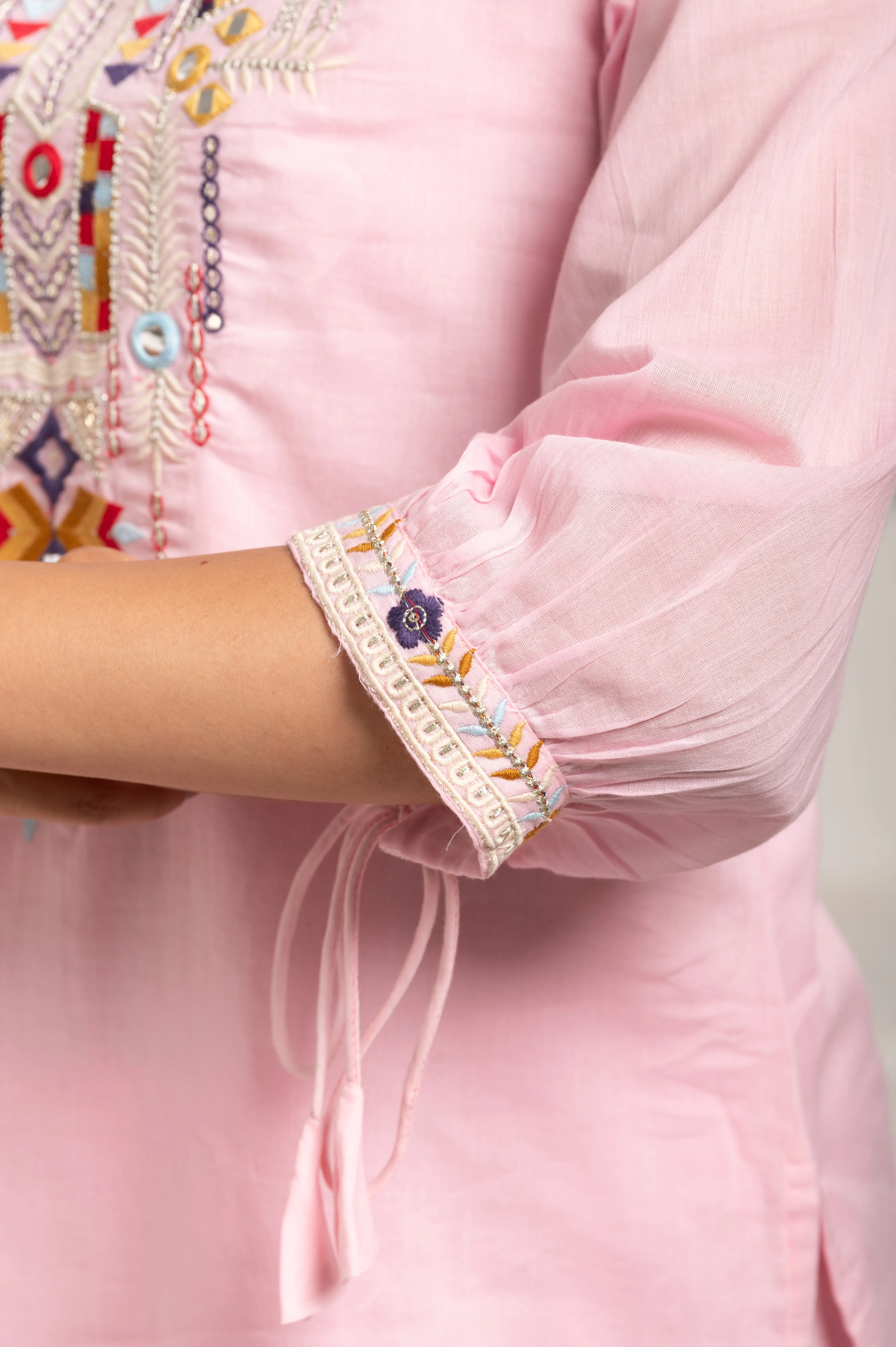 Multicolour Thread Yoke Embroidered Pink