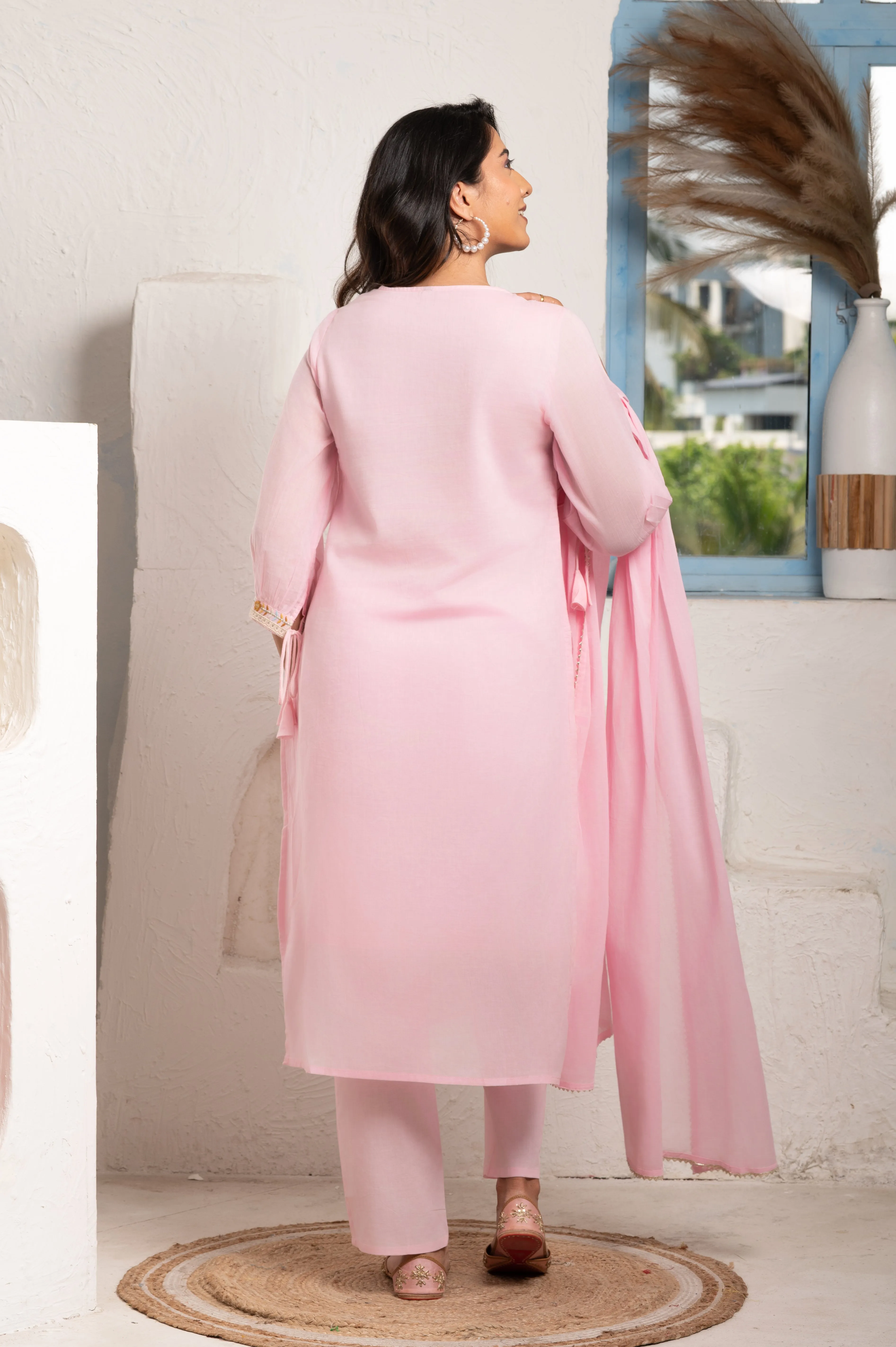 Multicolour Thread Yoke Embroidered Pink