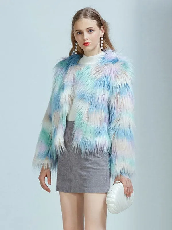 New Faux Fur Coats For Women Long Sleeves Casual Printed Stretch Jewel Neck Light Sky Blue Winter Coat