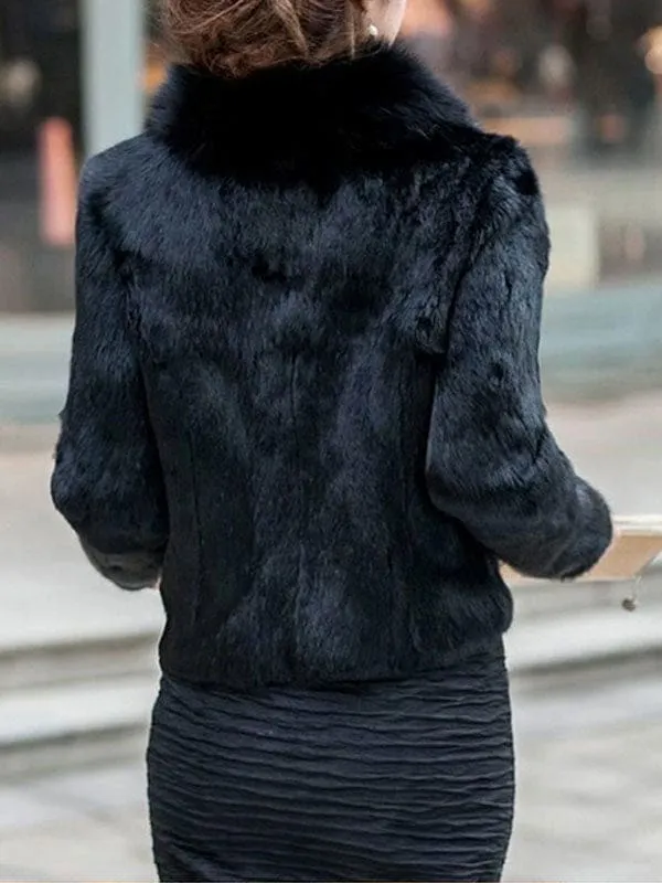 New Faux Fur Coats For Women Long Sleeves V-Neck Black Casual Winter Coat