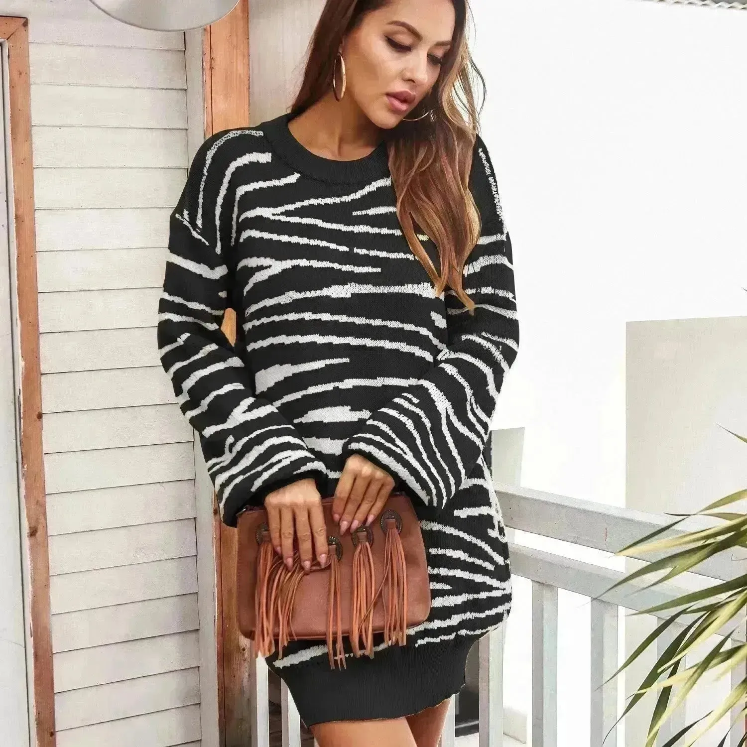 Oversized Autumn Winter Woolen Round neck Mini Sweater Dress