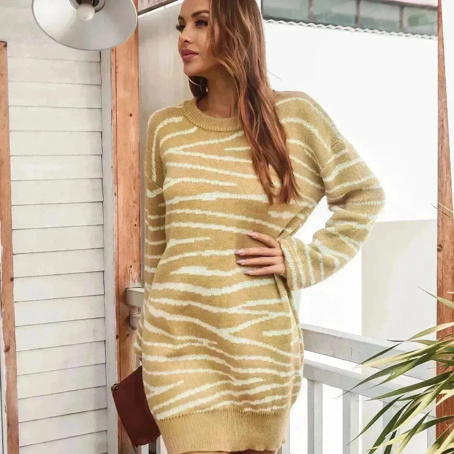 Oversized Autumn Winter Woolen Round neck Mini Sweater Dress