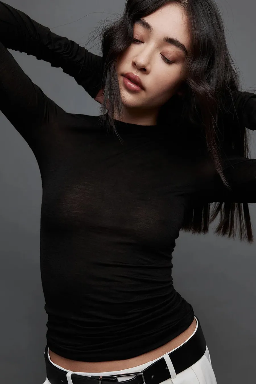 Ruched Long Sleeve Tee Black