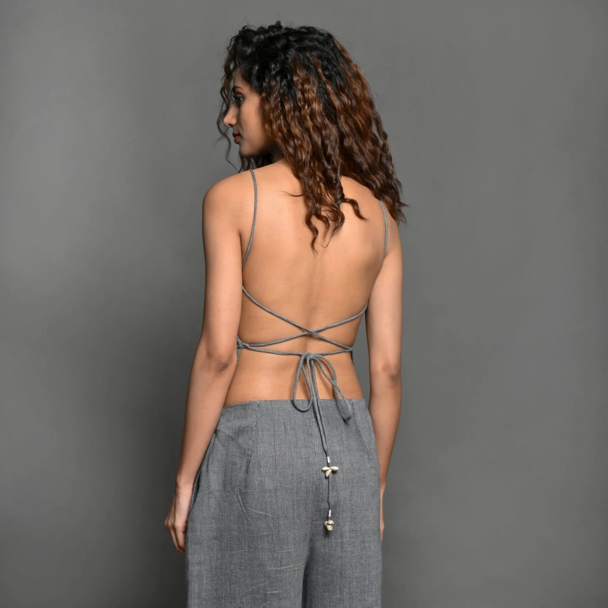 Slate Blue Cotton Top, Black Slit Pant and Belted Blazer 3-piece Co-ord Set
