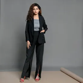 Slate Blue Cotton Top, Black Slit Pant and Belted Blazer 3-piece Co-ord Set