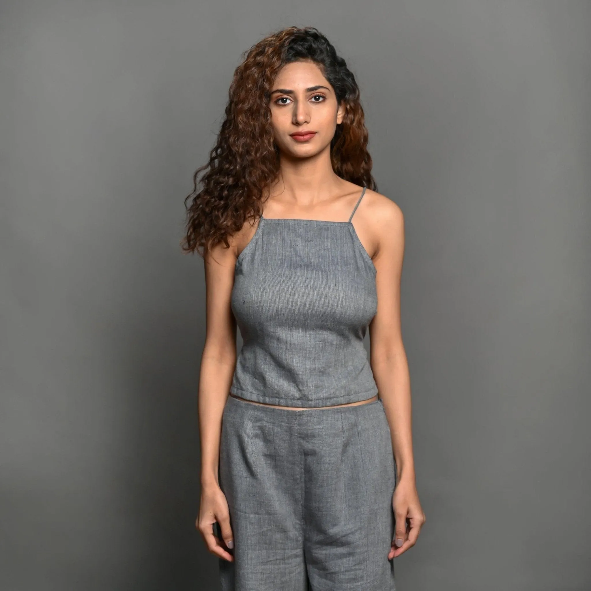 Slate Blue Cotton Top, Black Slit Pant and Belted Blazer 3-piece Co-ord Set