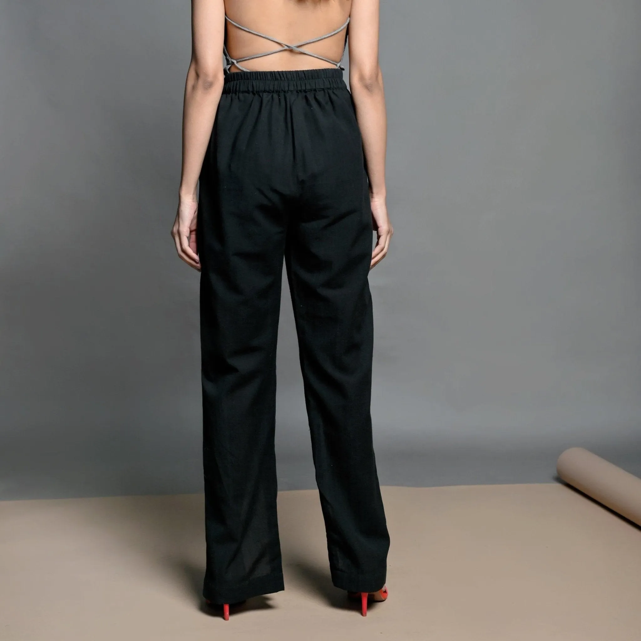 Slate Blue Cotton Top, Black Slit Pant and Belted Blazer 3-piece Co-ord Set