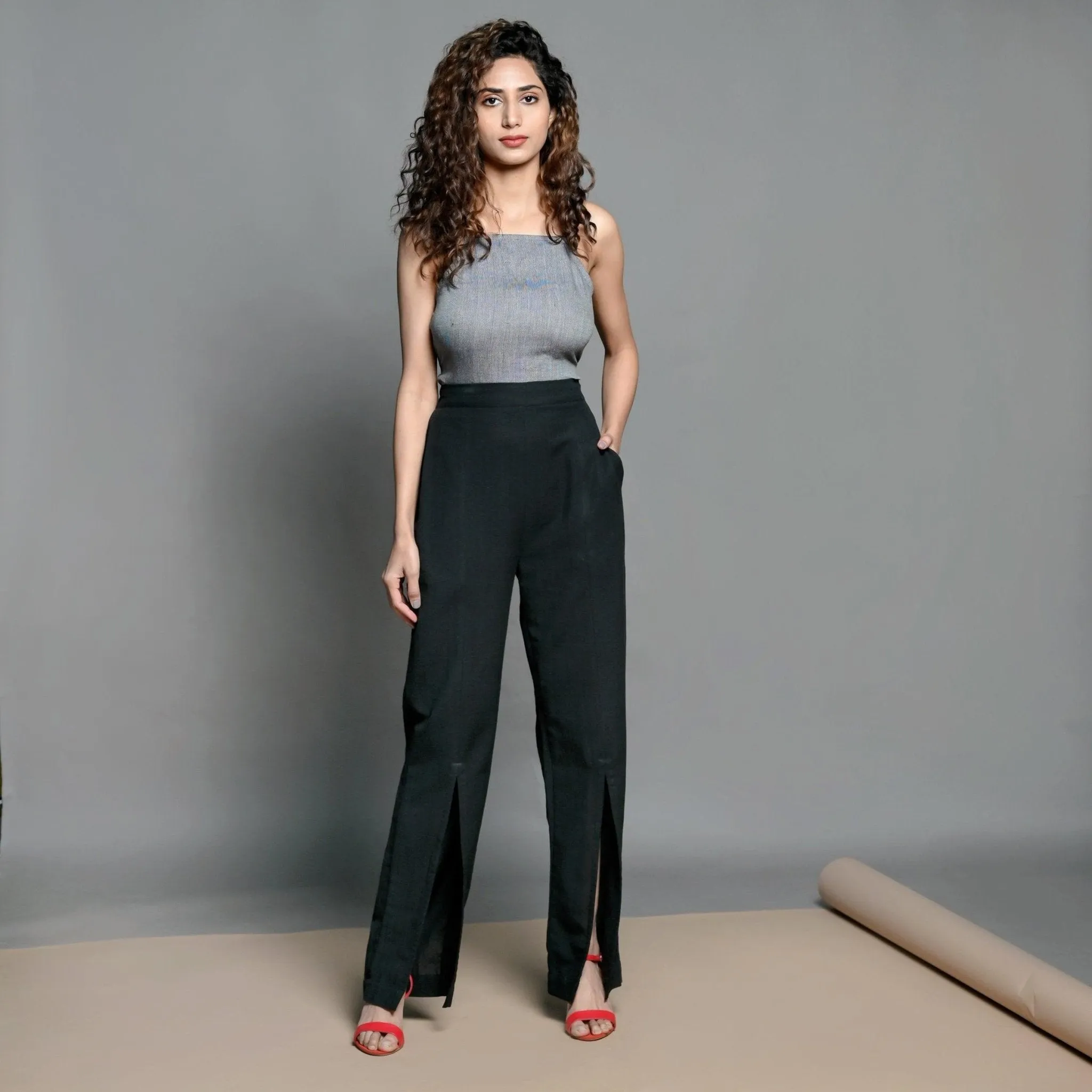 Slate Blue Cotton Top, Black Slit Pant and Belted Blazer 3-piece Co-ord Set