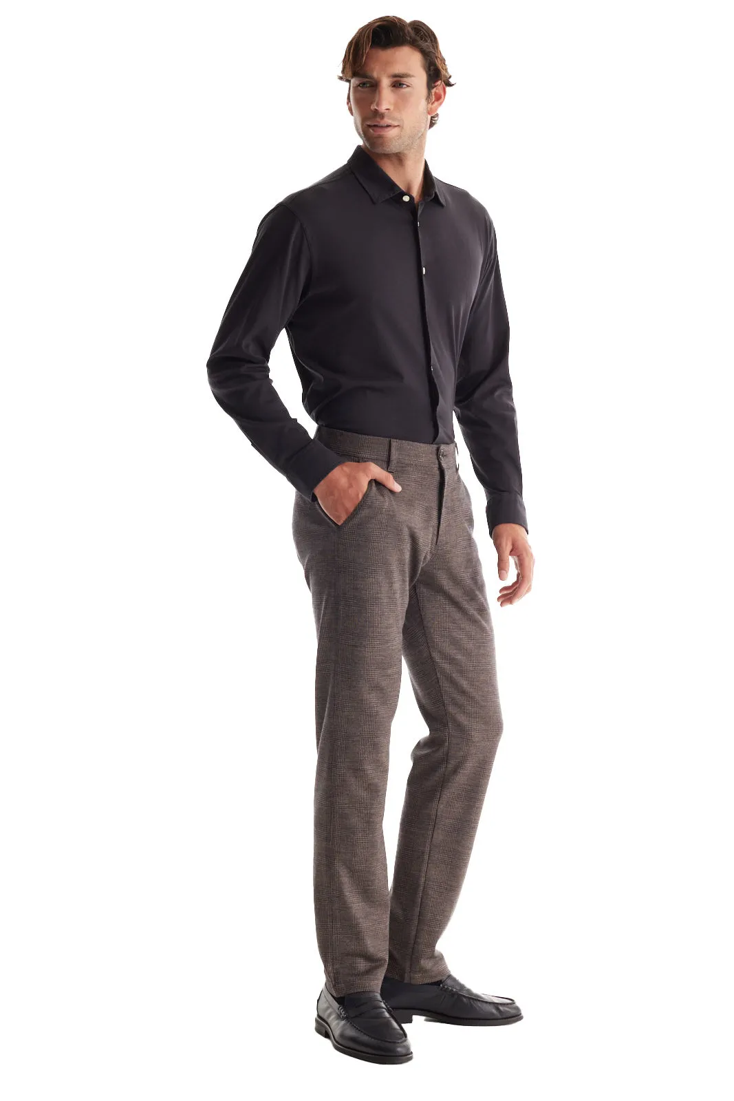 Soft Cloth Dress Pants in Glencheck Jersey - Coffee