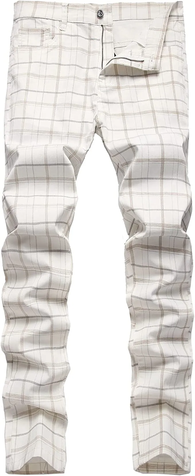 Stylish Men's White Plaid Flat Front Skinny Stretch Dress Pants
