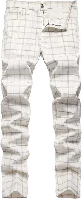 Stylish Men's White Plaid Flat Front Skinny Stretch Dress Pants