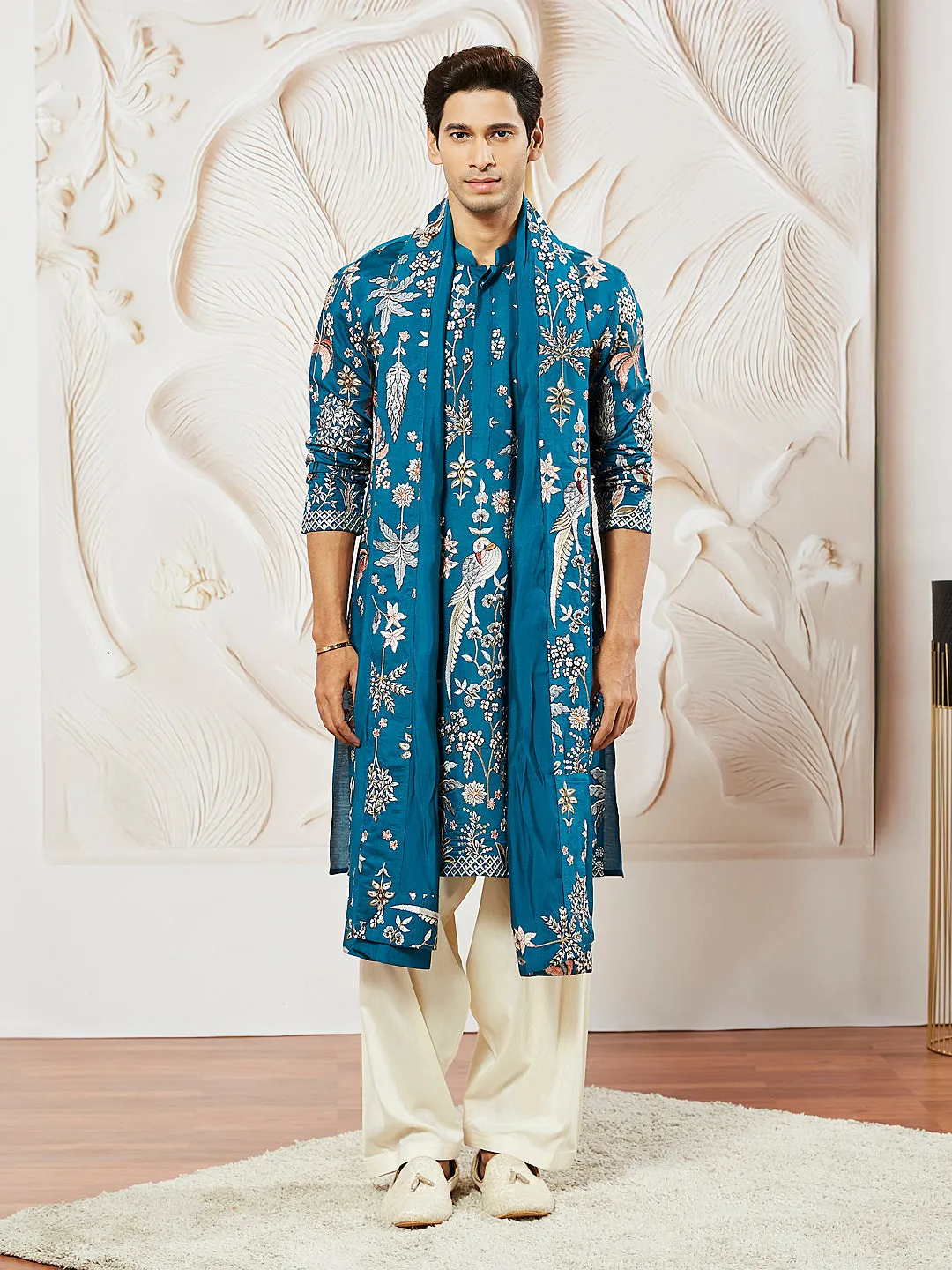 VASTRAMAY Men's Turquoise Silk Blend  Kurta Pyjama And Dupatta Set
