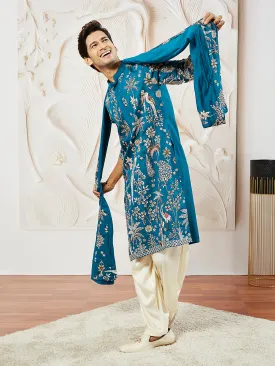 VASTRAMAY Men's Turquoise Silk Blend  Kurta Pyjama And Dupatta Set