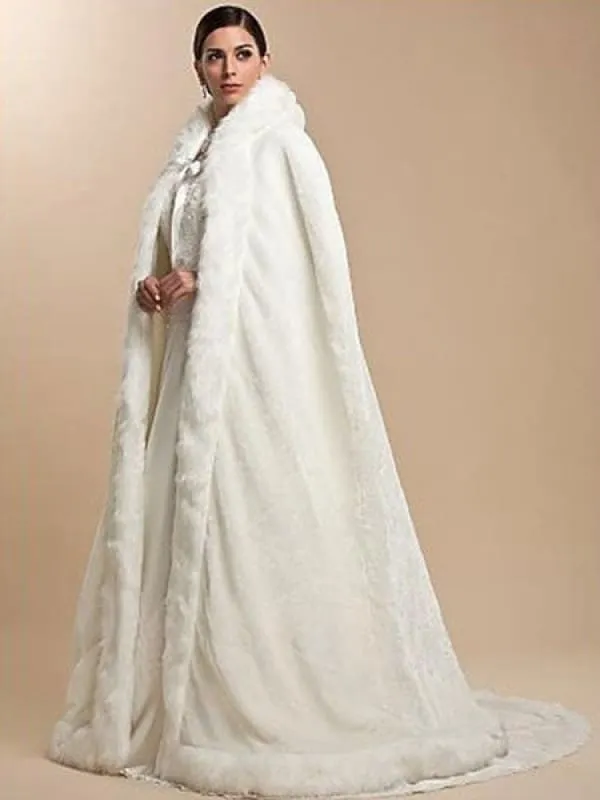 White Faux Fur Coat Hoodie Women Faux Fur Cloak