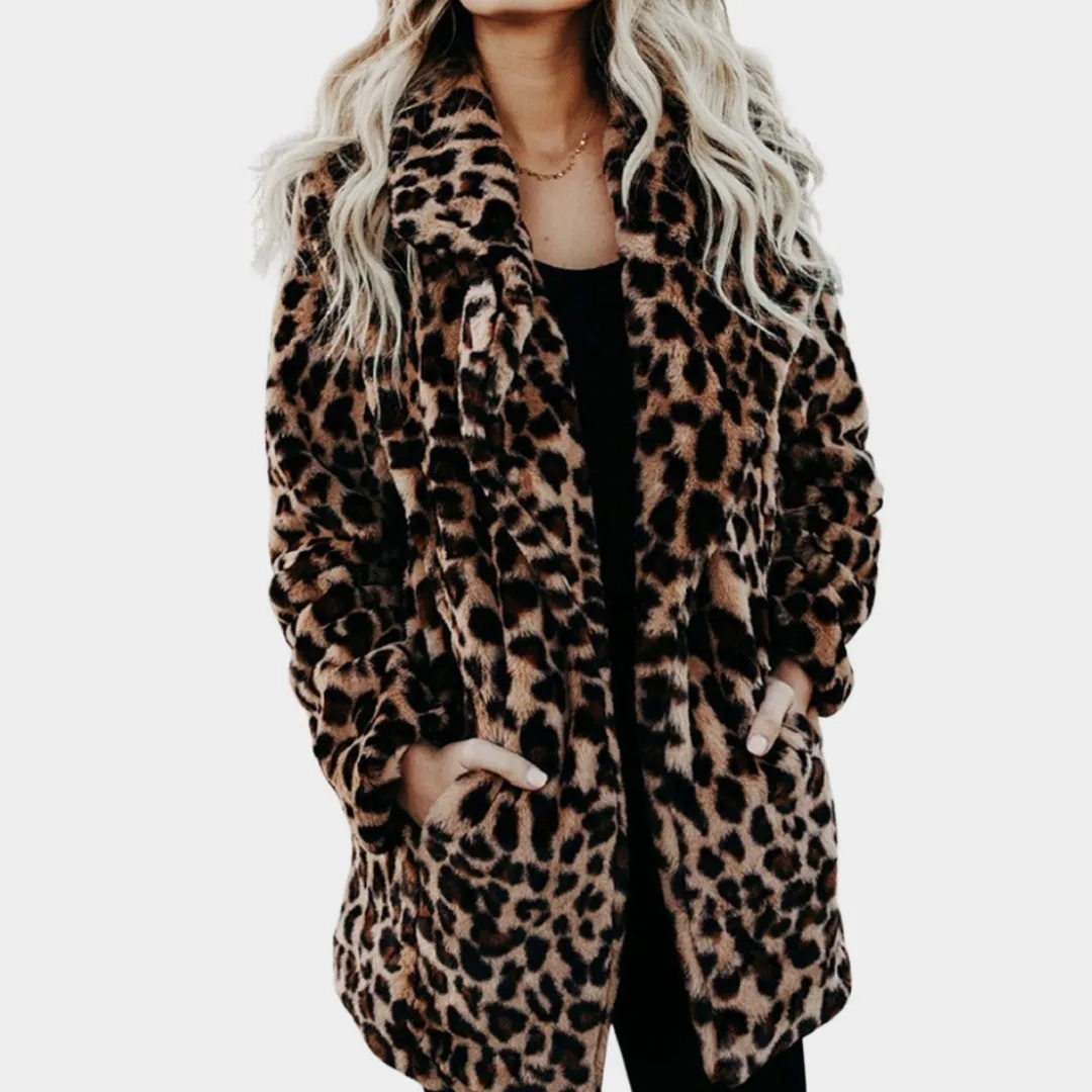 Womens Autumn Leopard Faux Fur Coat  Long Warm Plush Teddy Jacket for Winter