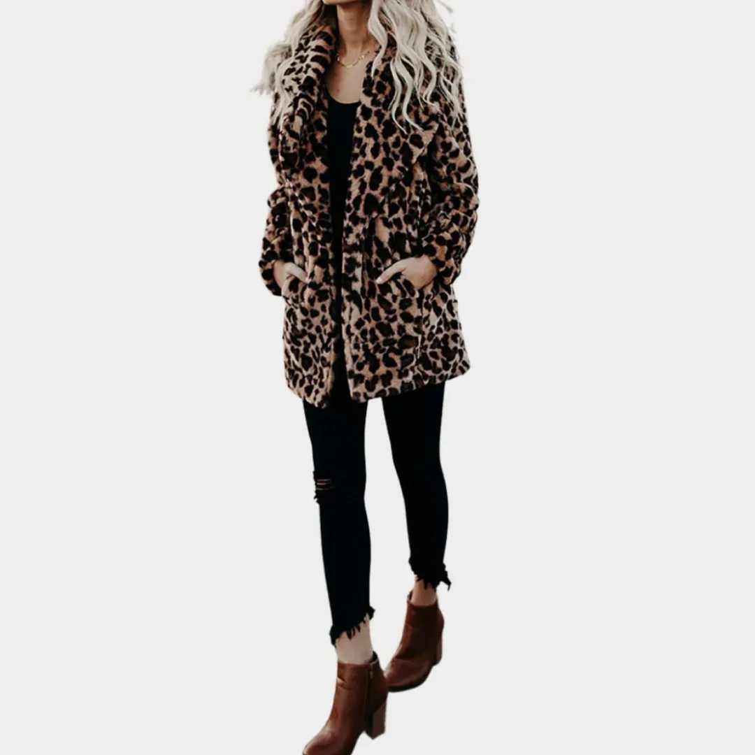 Womens Autumn Leopard Faux Fur Coat  Long Warm Plush Teddy Jacket for Winter