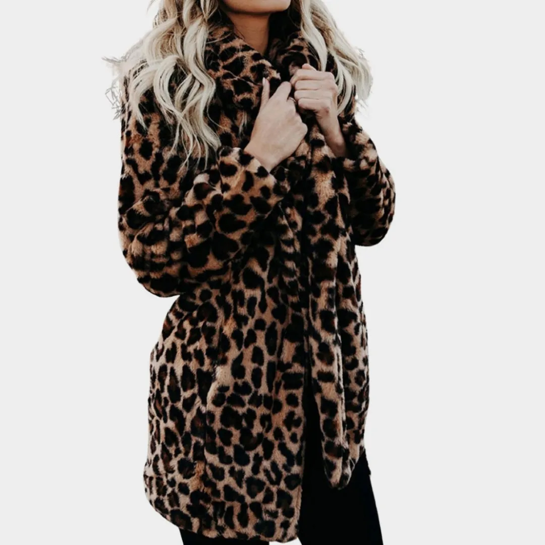 Womens Autumn Leopard Faux Fur Coat  Long Warm Plush Teddy Jacket for Winter