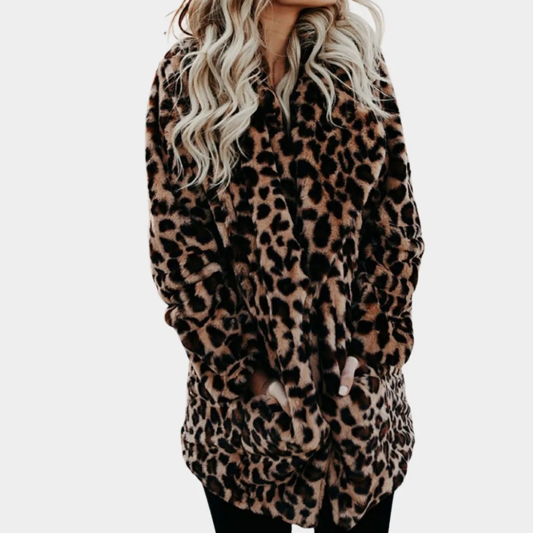 Womens Autumn Leopard Faux Fur Coat  Long Warm Plush Teddy Jacket for Winter