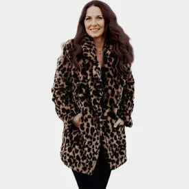 Womens Autumn Leopard Faux Fur Coat  Long Warm Plush Teddy Jacket for Winter