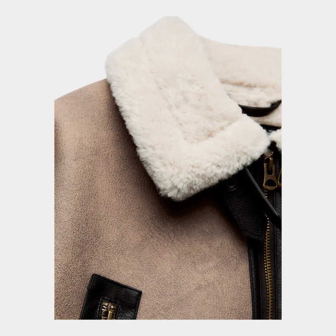 Womens Retro Faux Leather Short Coat  Loose Fit, Soft Fur Lining, Zipper Belt Jacket (Khaki)