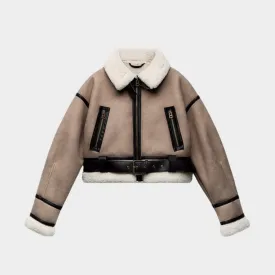Womens Retro Faux Leather Short Coat  Loose Fit, Soft Fur Lining, Zipper Belt Jacket (Khaki)