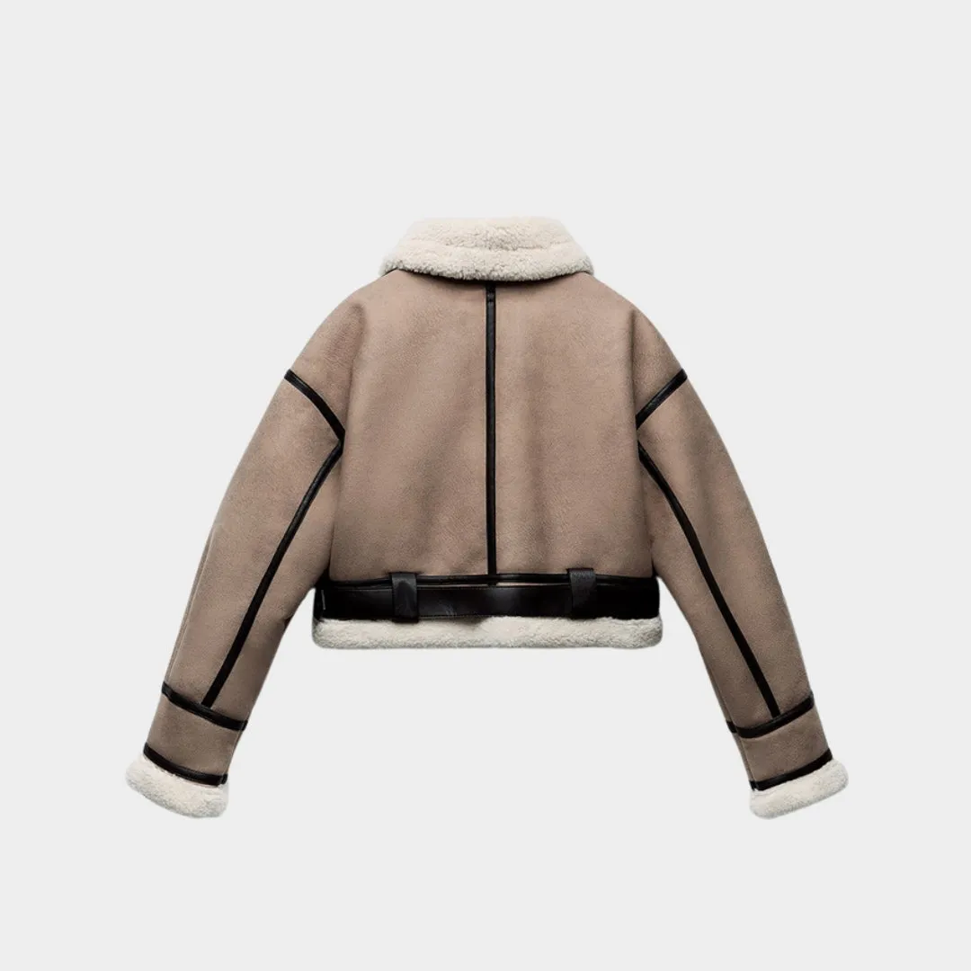 Womens Retro Faux Leather Short Coat  Loose Fit, Soft Fur Lining, Zipper Belt Jacket (Khaki)