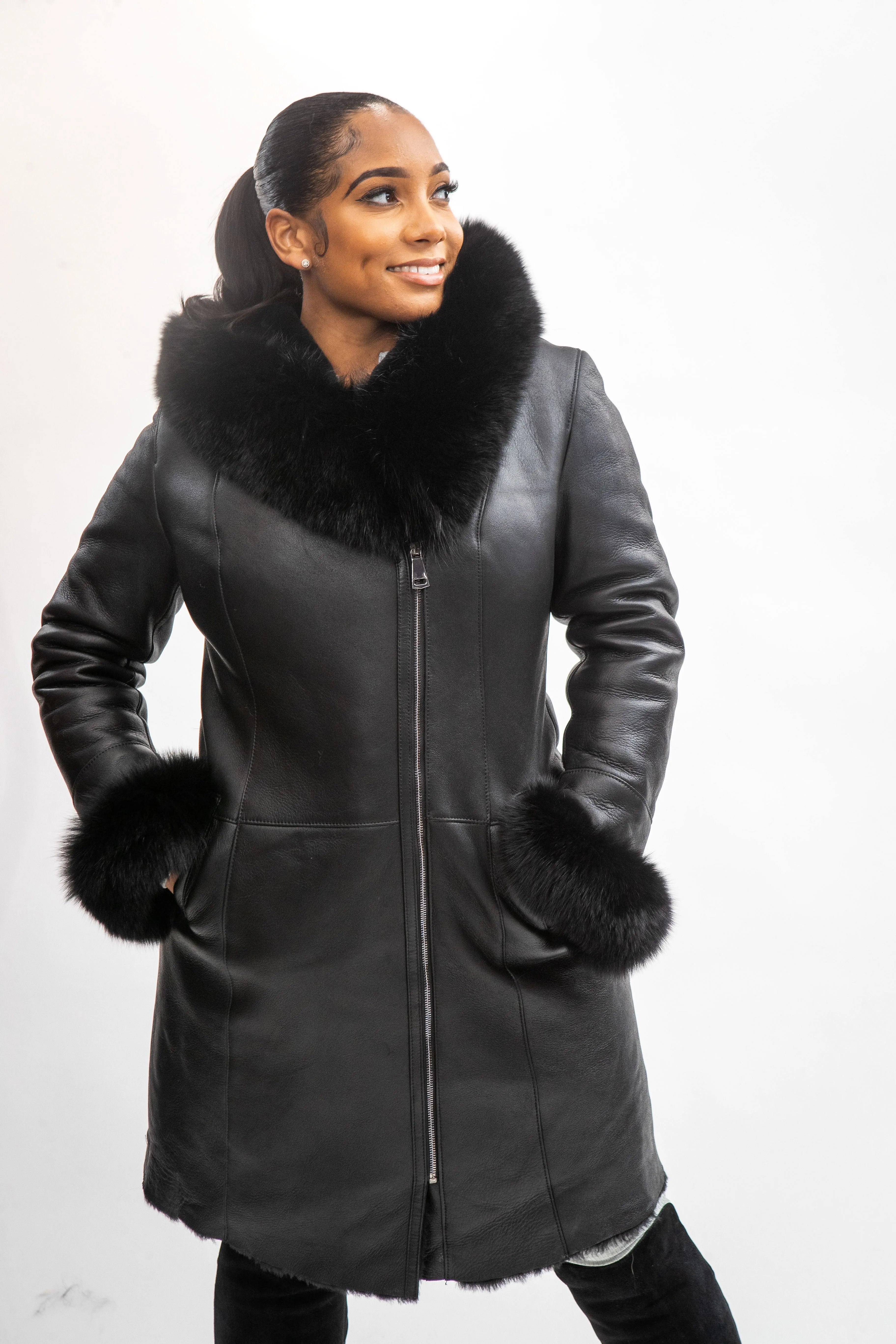 Women's Vivian Real Sheepskin 3/4 Coat With Fox [Black Fox]