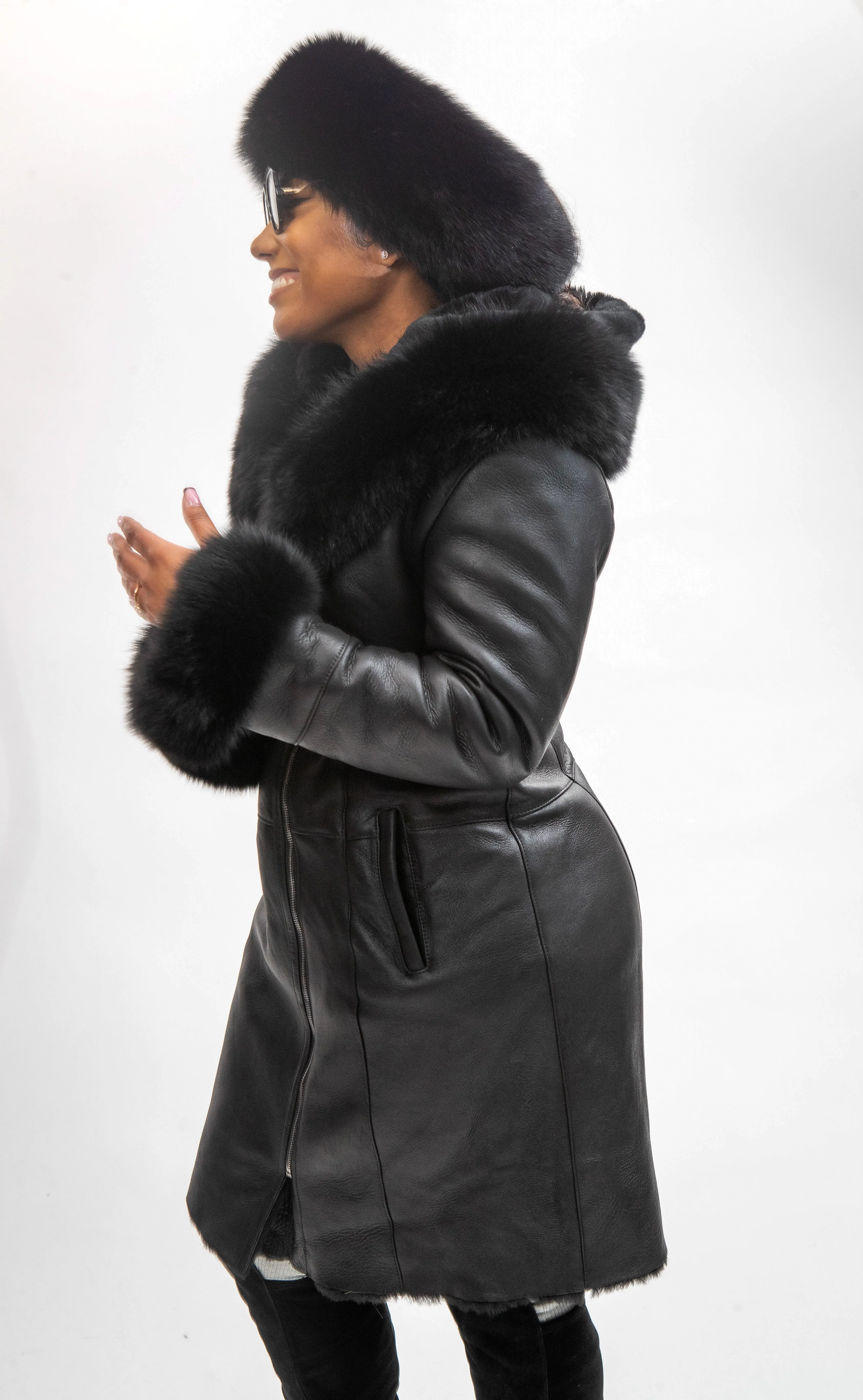 Women's Vivian Real Sheepskin 3/4 Coat With Fox [Black Fox]