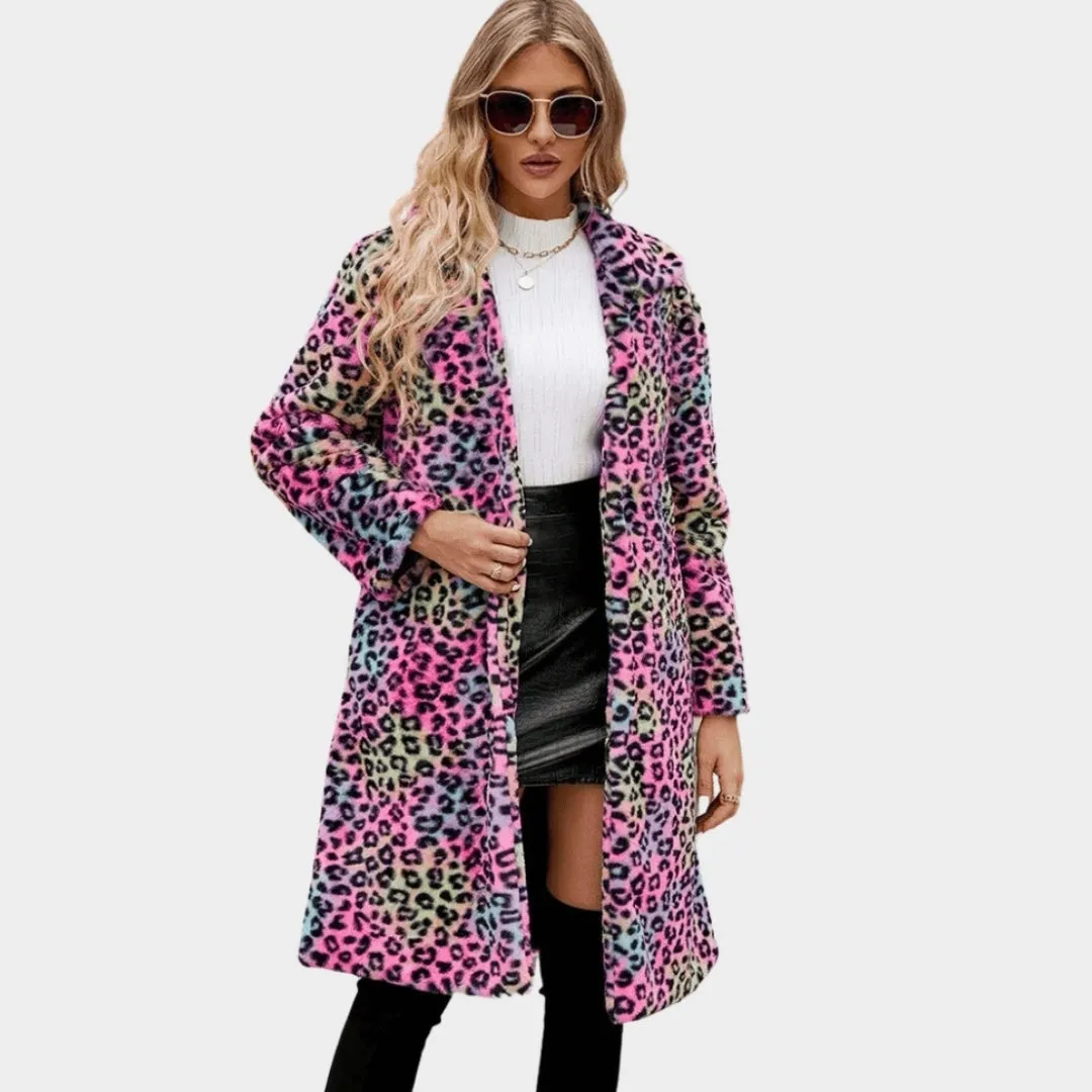 Womens Winter Faux Fox Fur Long Coat  Thick Fluffy Windbreaker Jacket in Pink, Yellow, Green, and Purple