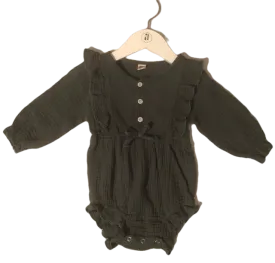 YOUNGER TREE GREEN LINEN RUFFLE ONESIE (SZ 3T)